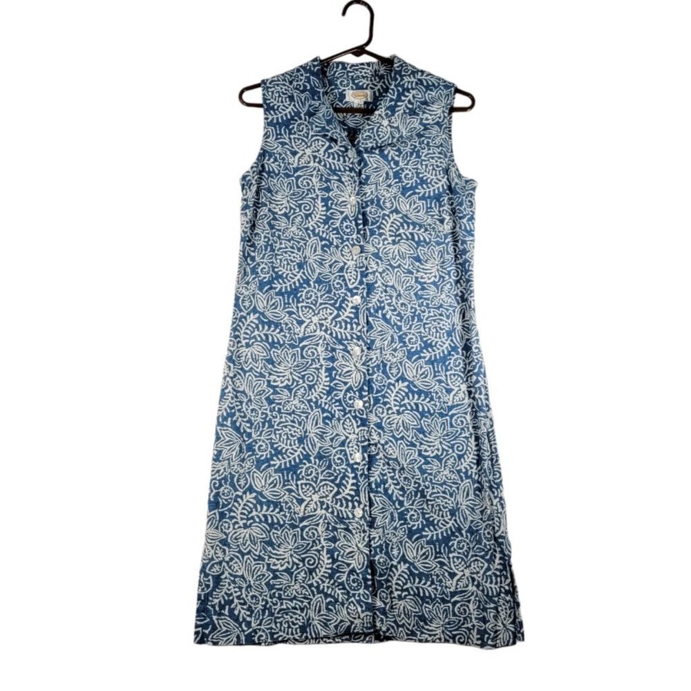 Talbots Women's Size 8 Linen Blend Chambray Dress Button Front Sleeveless Floral